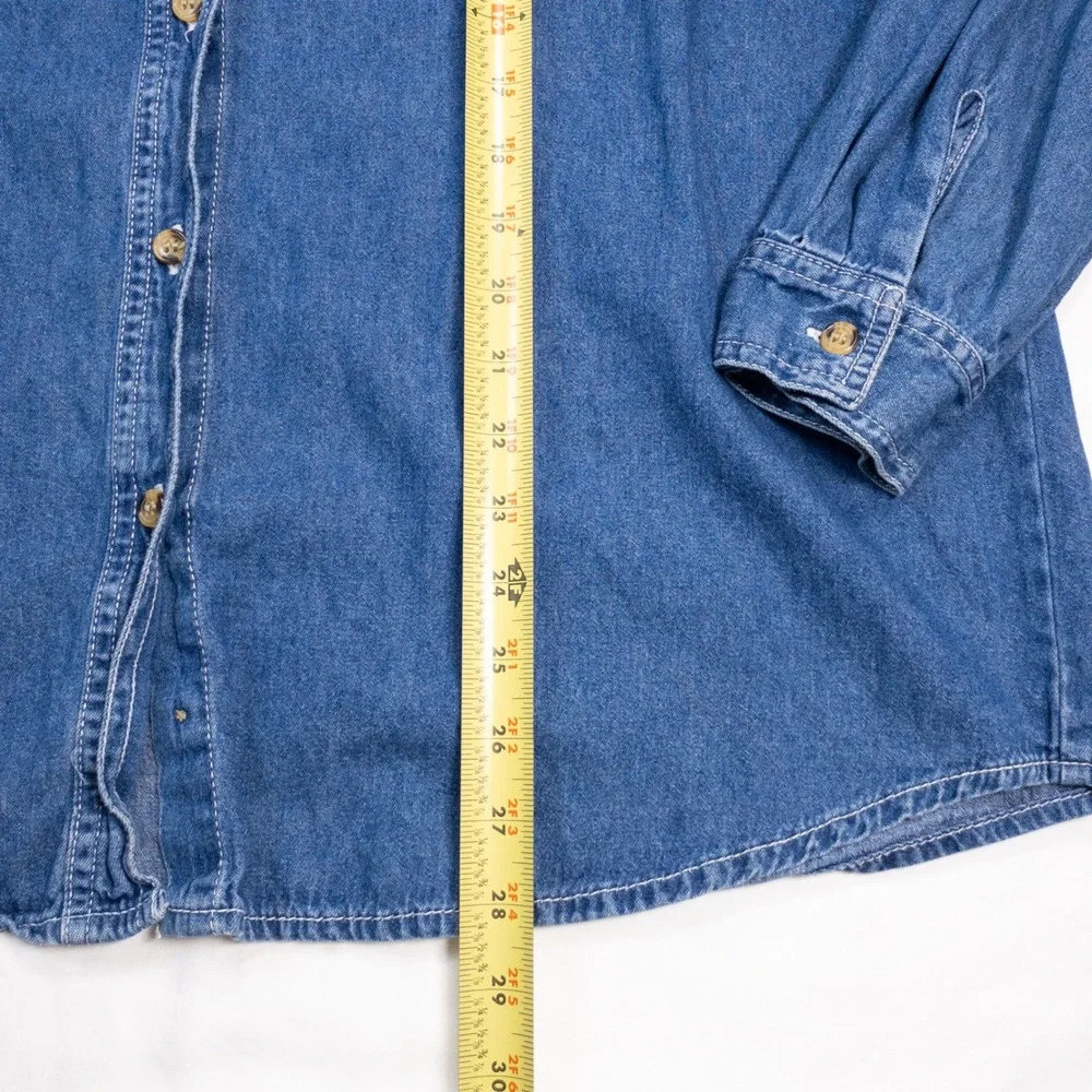 Bobbie Brooks Womens XL Denim Christmas Shirt Winter Village Embroidered Blue